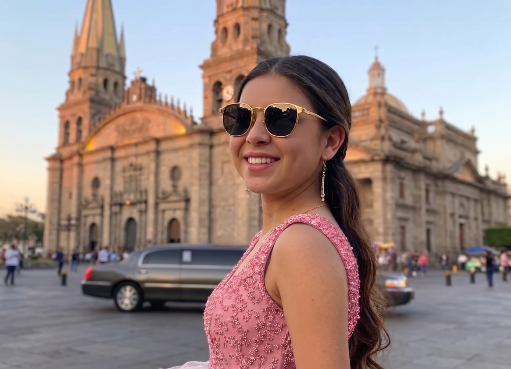 Quinceañera tomandose foto con su limusina en las afueras de la catedral de guadalajara