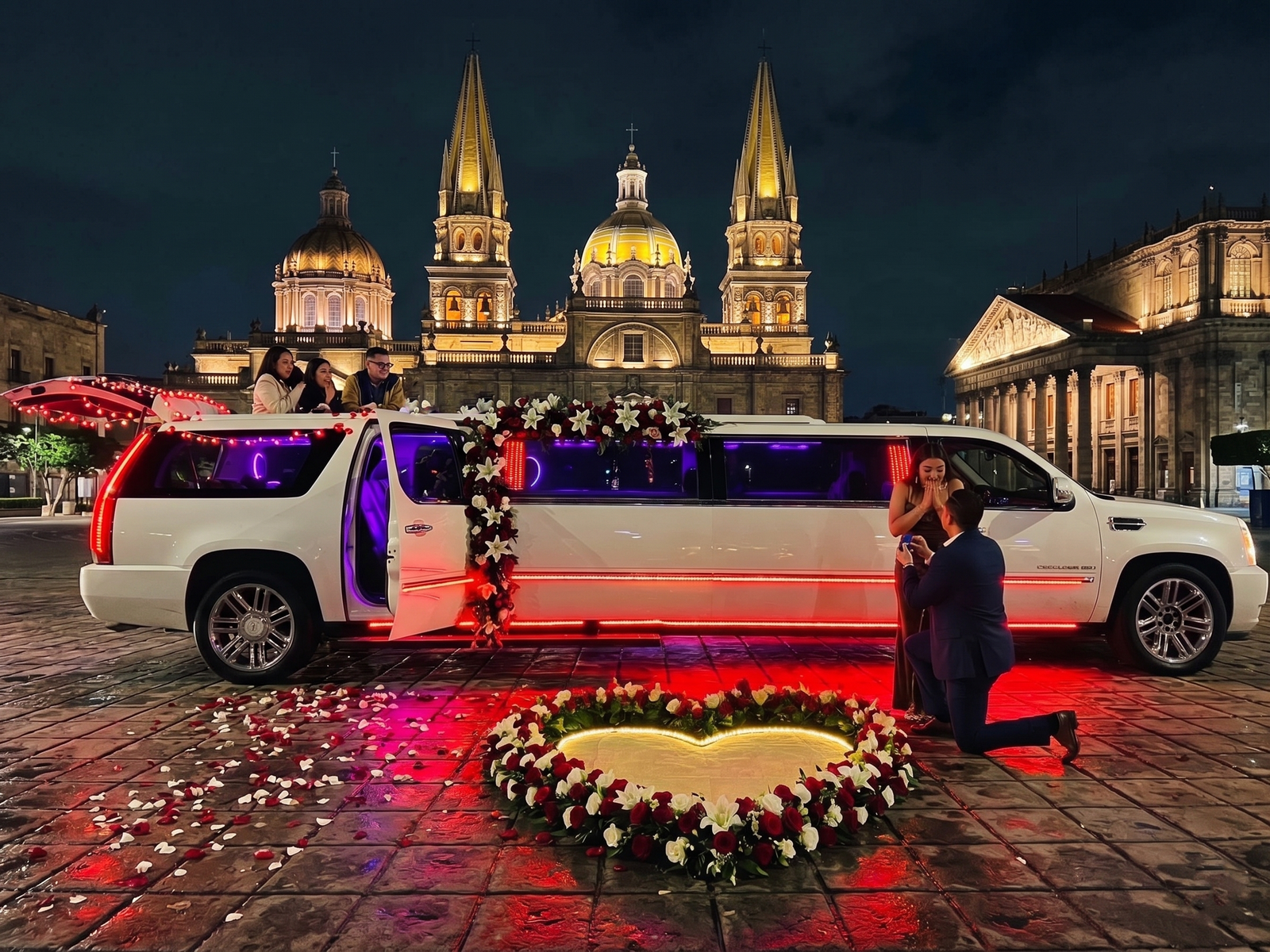 Novio proponiendo matrimonio afuera de una limusina hummer blanca